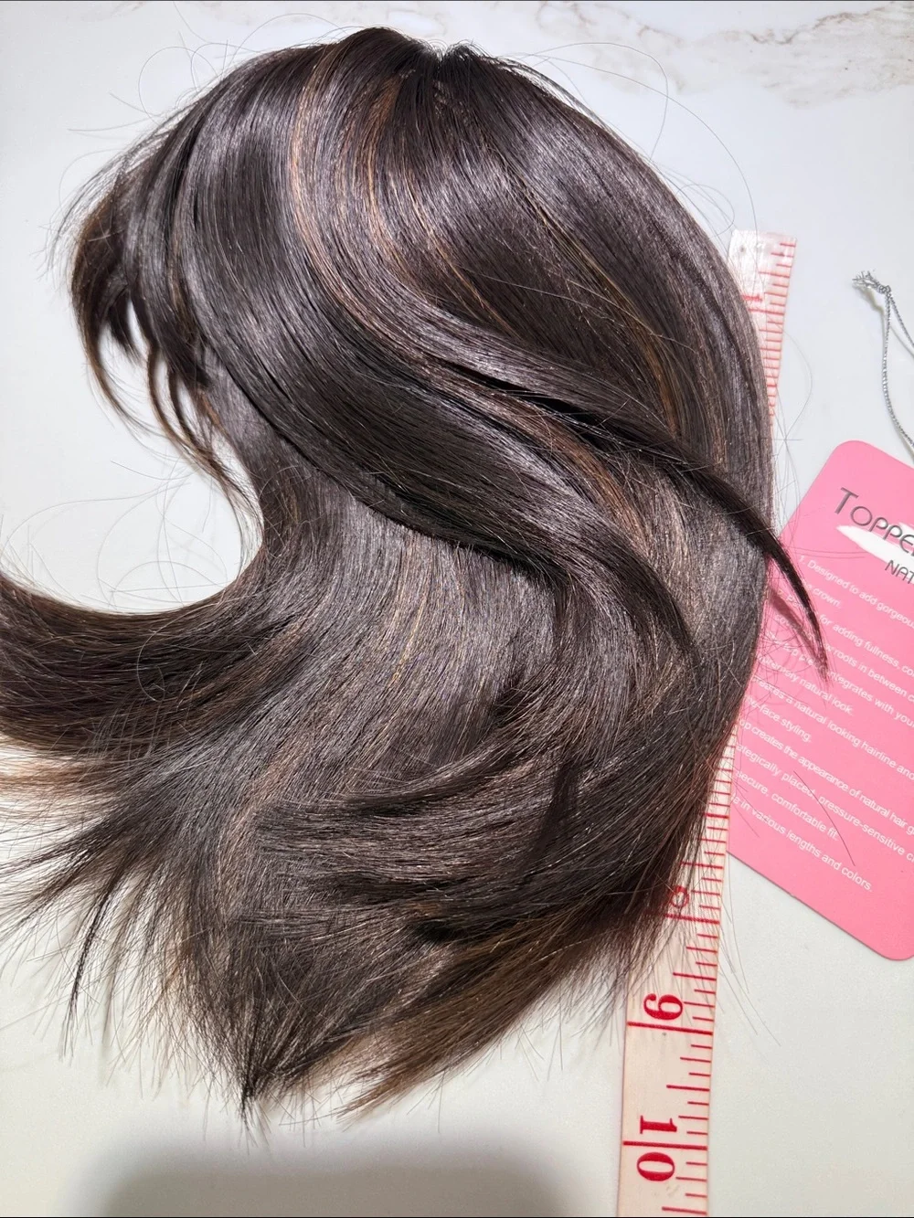 HAIR, 10” Topper, Straight, Off Center Part, with Bangs, Brown